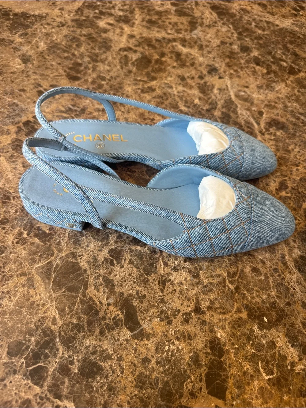 Chanel 26b denim blue quilted slingback sling flats sz 39